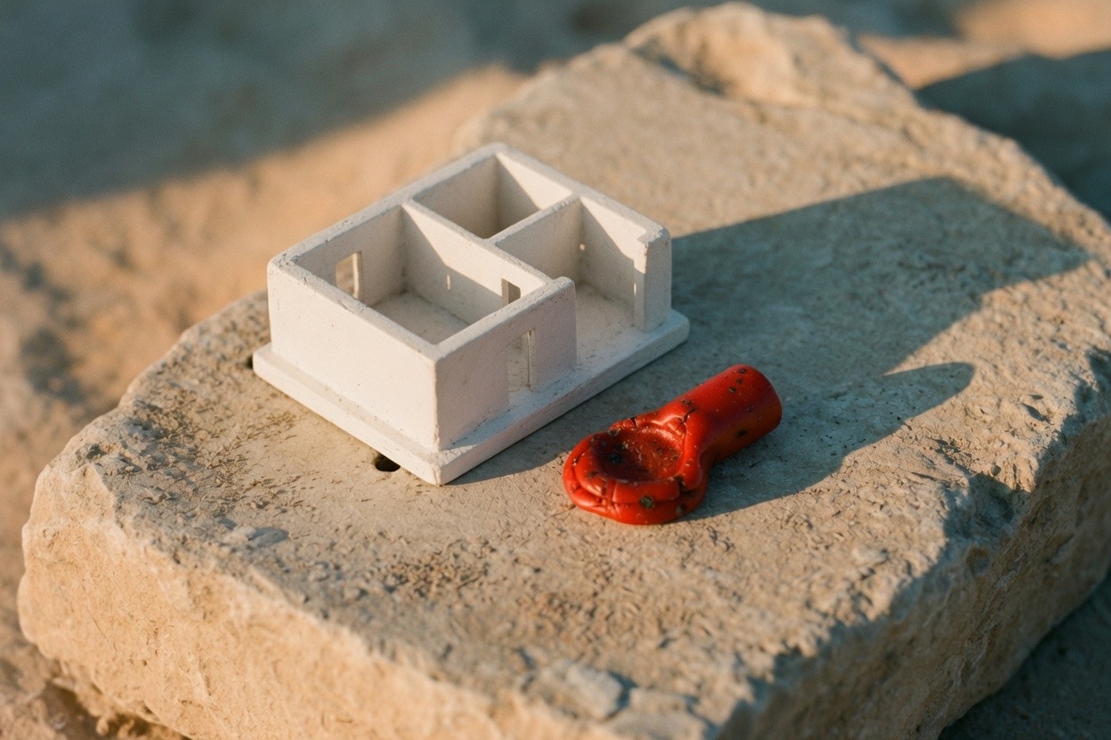 A small white plaster model of a two-room interior on limestone, with red wax beside it.