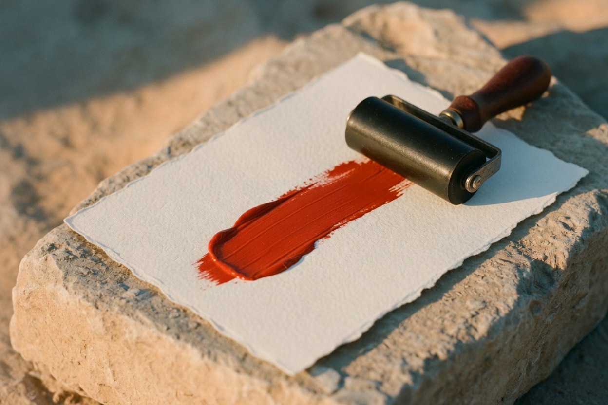 A blank sheet of cotton paper on limestone, with a rubber ink roller and a stroke of red ink.